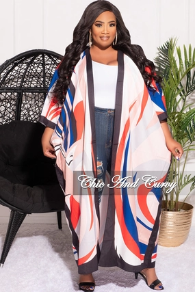No Ride Up Design Final Sale Plus Size Caftan in White Blue and Orange Swirl Print