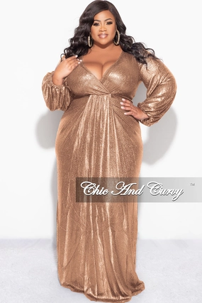 Casual Blouse Final Sale Plus Size Faux Wrap Gown with Pleated Waist & Balloon Sleeves in Bronze Metallic Lux Fabric