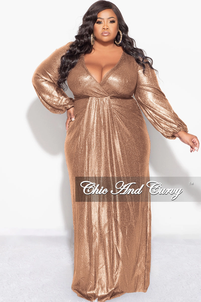 Final Sale Plus Size Faux Wrap Gown with Pleated Waist & Balloon Sleeves in Bronze Metallic Lux Fabric Scoop Neck Shape