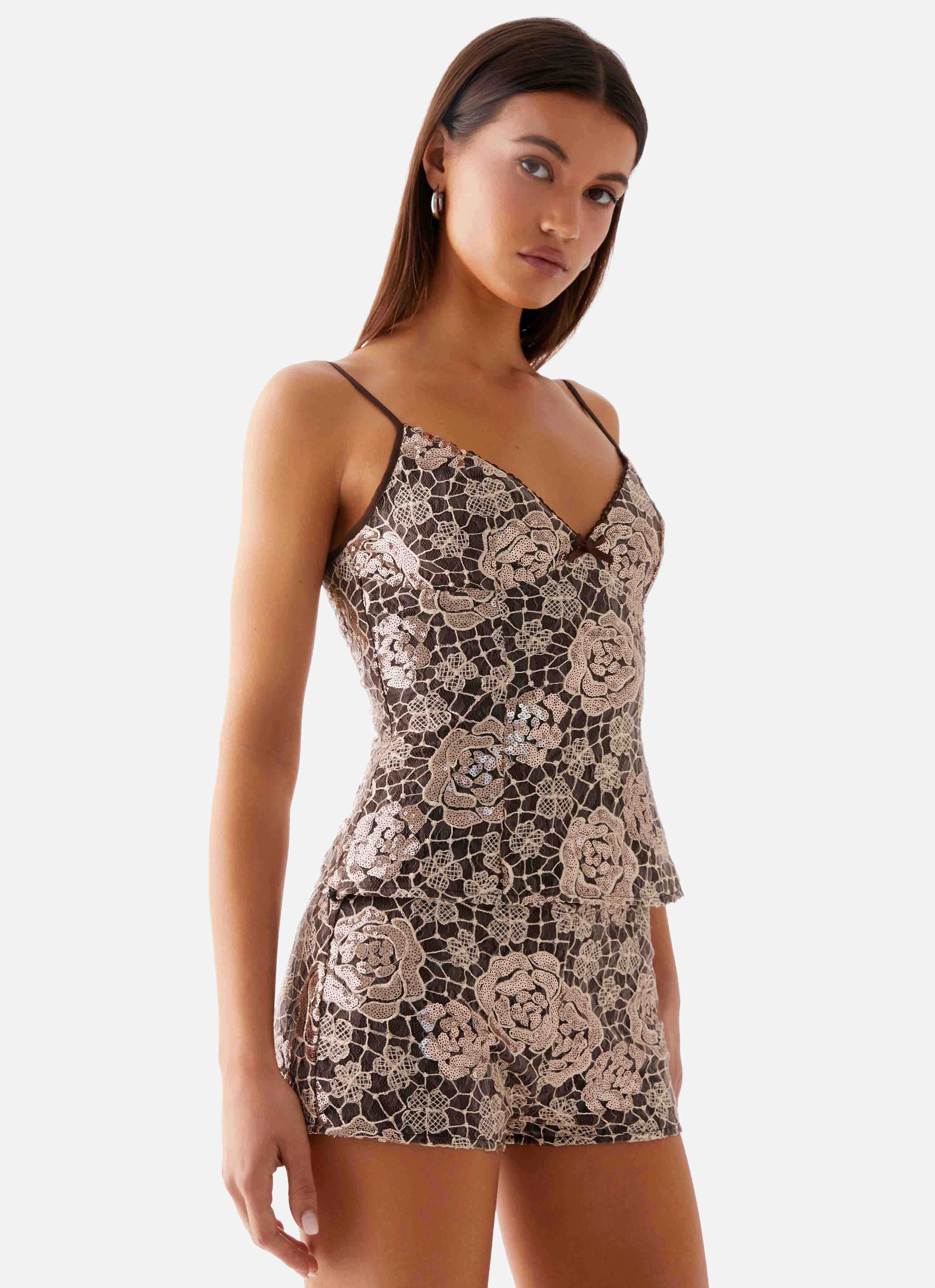 Reflective Accent Trim Apolina Sequin Cami Top - Chocolate