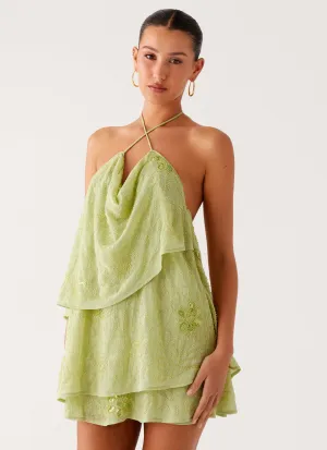 On The Go Beaded Mini Dress - Mint Pleated design Vibrant pattern
