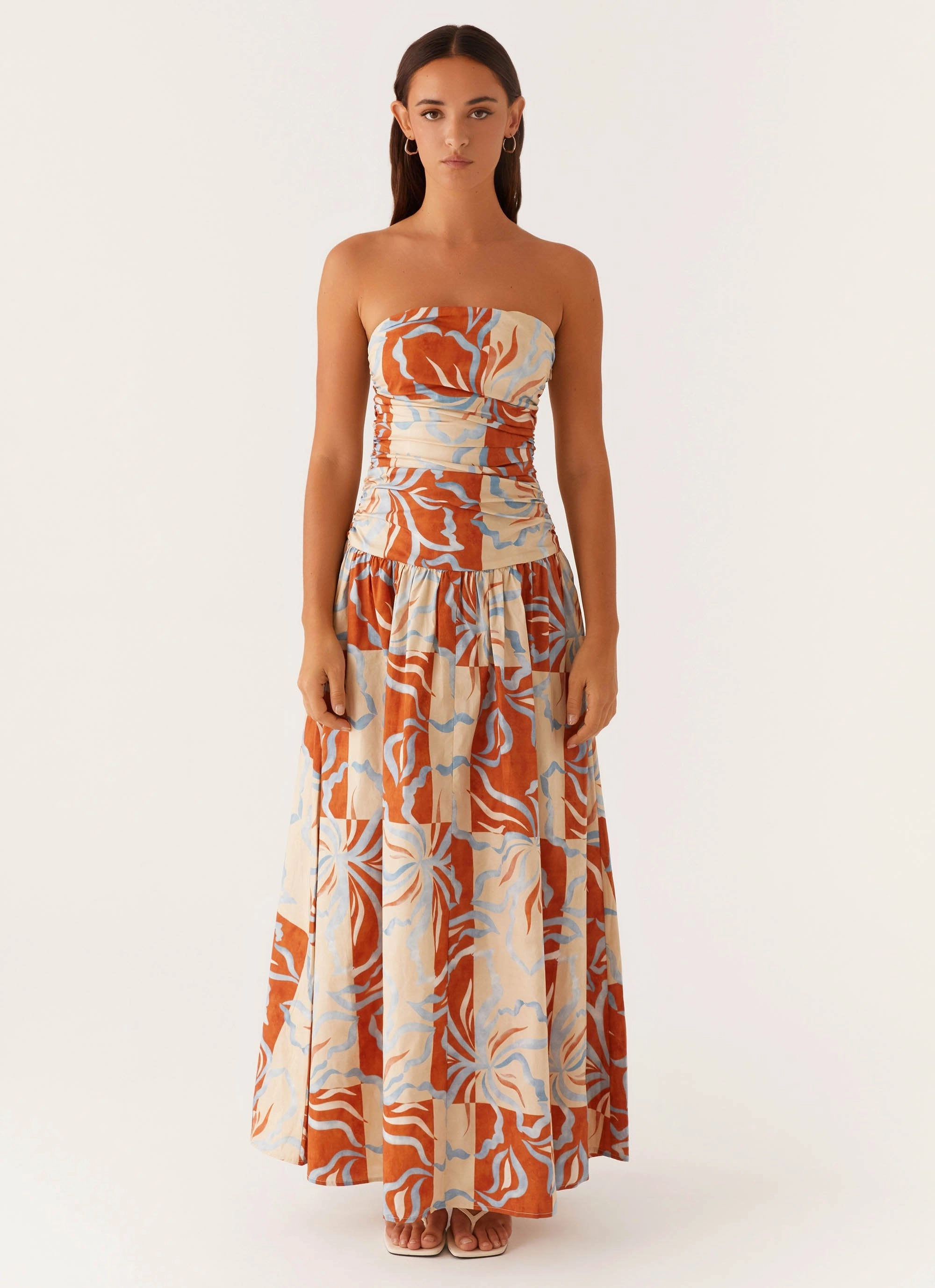 Carmel Maxi Dress - Orange Blue Floral Simple yet sophisticated gown Abstract Pattern