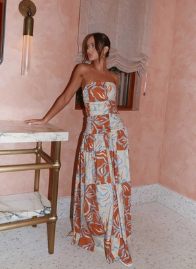 Carmel Maxi Dress - Orange Blue Floral Light Bow Bold Elegance