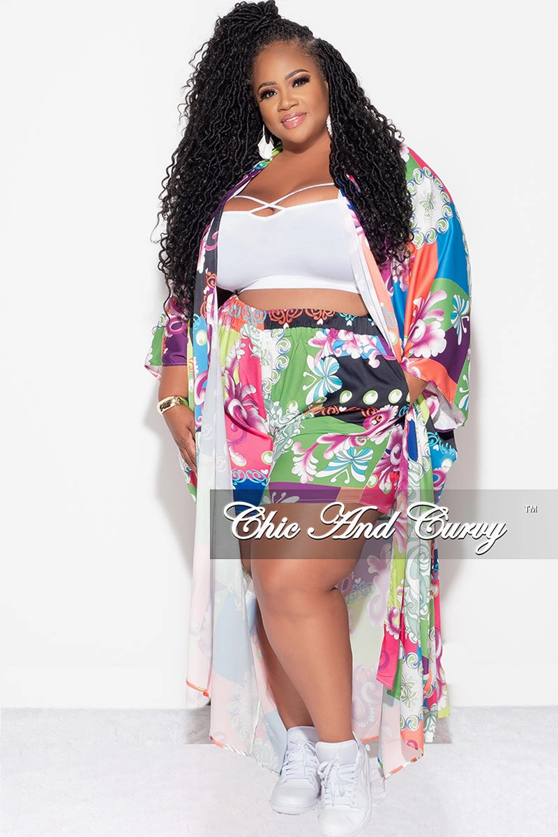 Reflective Trim Casual Active Final Sale Plus Size 2pc Set Jersey Cocoon Satin Duster & Shorts in Multi Color Design Print