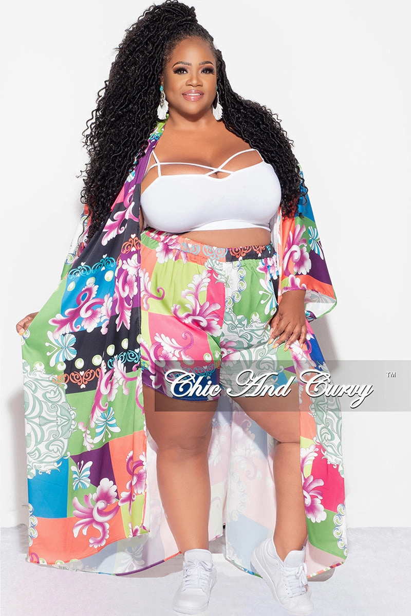 Flexible Comfort Wear Gripper Waistband Final Sale Plus Size 2pc Set Jersey Cocoon Satin Duster & Shorts in Multi Color Design Print