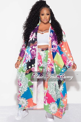 Final Sale Plus Size 2pc Set Jersey Cocoon Satin Duster & Shorts in Multi Color Design Print Reinforced Stitching Day Comfort