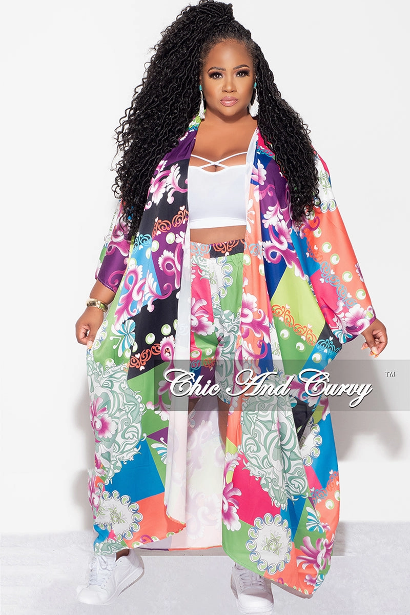Final Sale Plus Size 2pc Set Jersey Cocoon Satin Duster & Shorts in Multi Color Design Print Reinforced Stitching Day Comfort