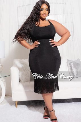 Final Sale Plus Size Halter BodyCon Dress with Bottom Fringe in Black Sport Performance Casual Comfort Layers