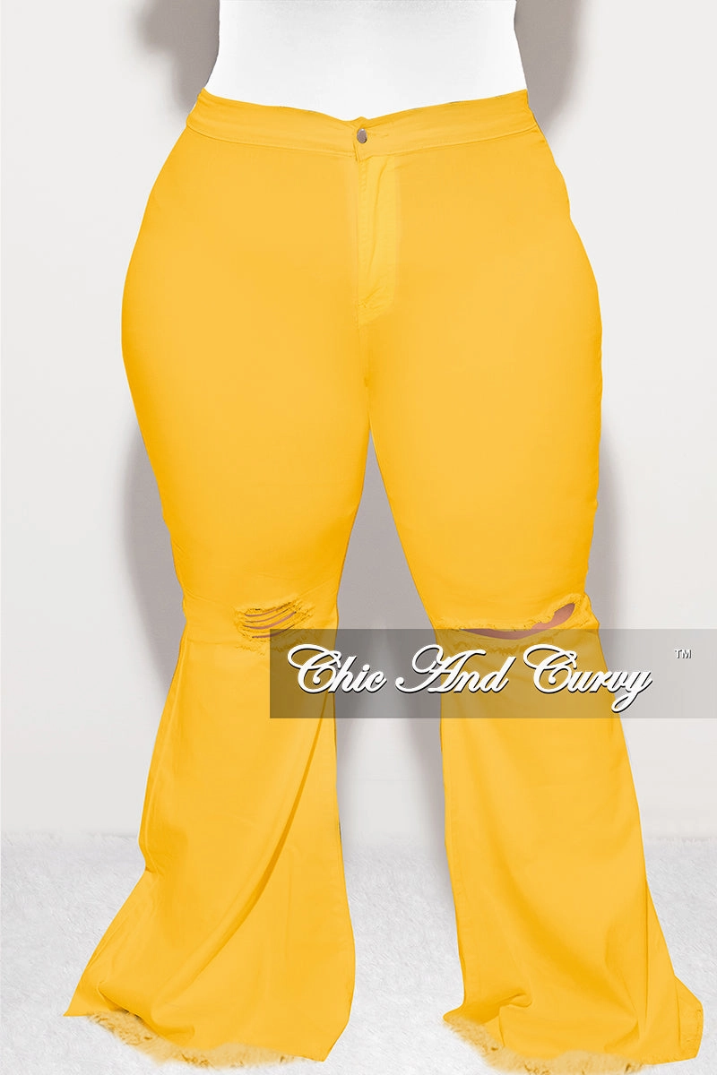 Belt loops Versatile Wear Final Sale Plus Size Wide Leg Denim Jeans with Distressed Knee in Mustard Yellow