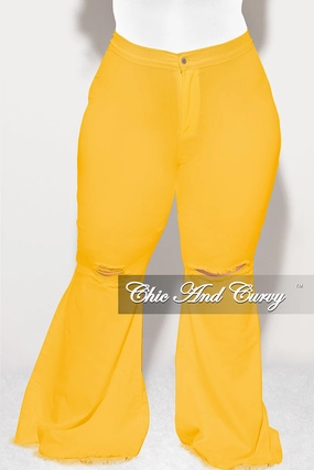 QuickReleaseBuckle Final Sale Plus Size Wide Leg Denim Jeans with Distressed Knee in Mustard Yellow