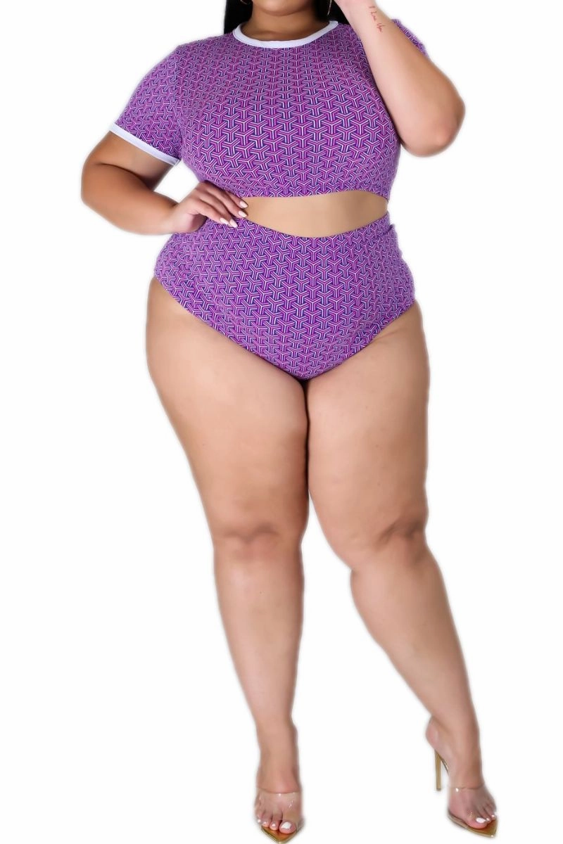 Light Wear Fit Trendy Waist Final Sale Plus Size 2-Piece Poolside Playsuit (Top & Bottom) in Purple Puzzle Print