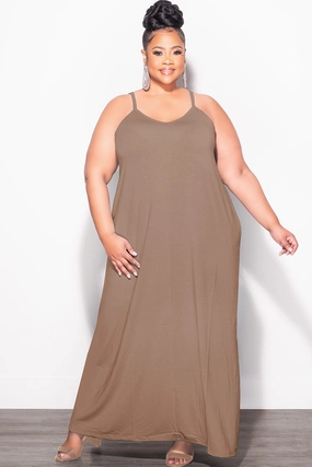 Final Sale Plus Size Spaghetti Strap Maxi Dress in Brown Durable Fit Trendy Comfort
