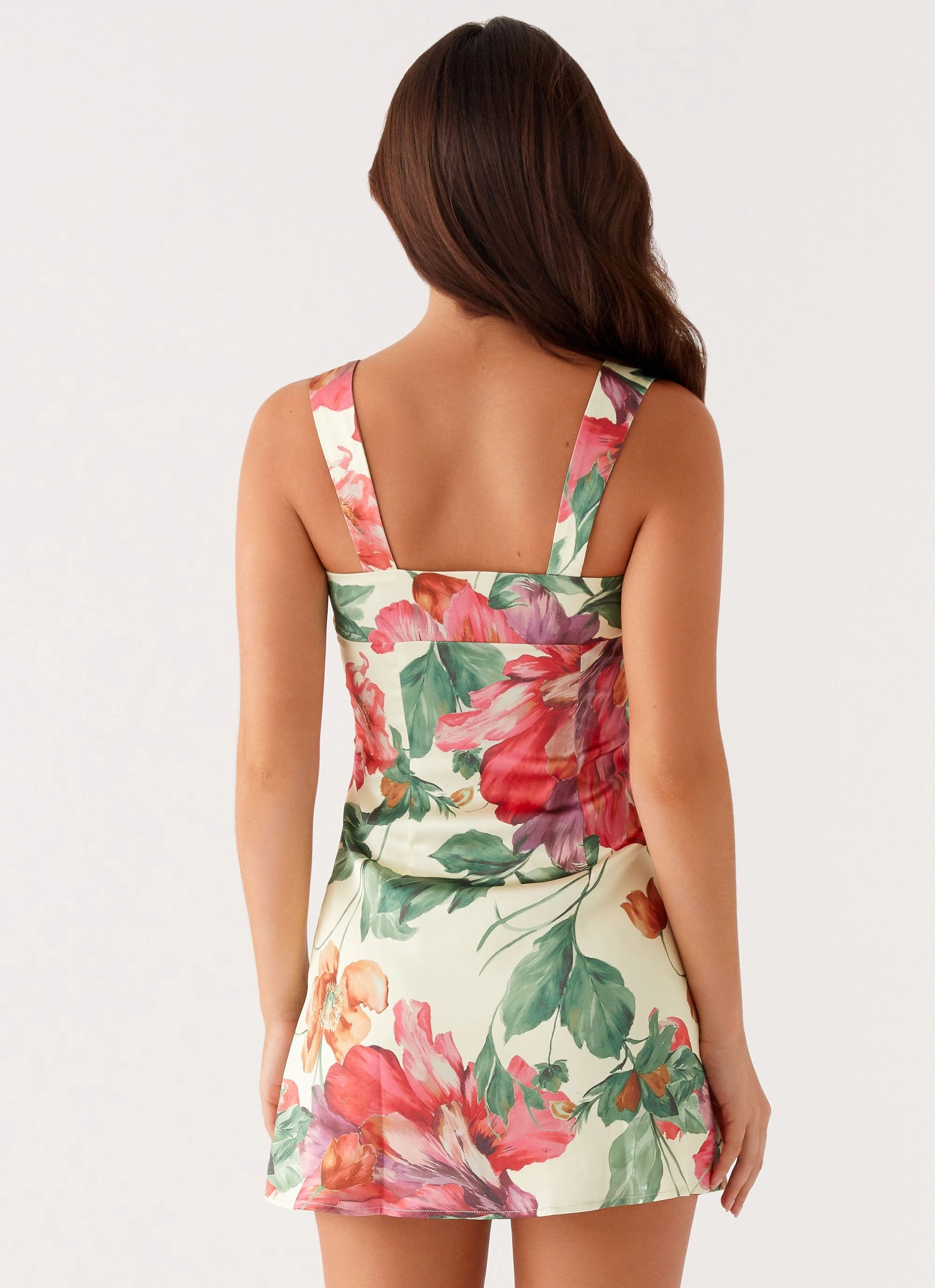 Odette Satin Mini Dress - Yellow Floral Seasonal Wear Layered Volume