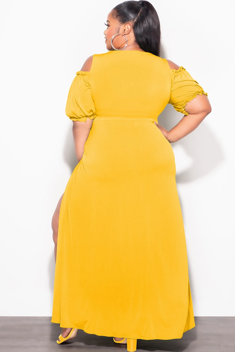 Final Sale Plus Size 2pc Faux Wrap Crop Tie Top And Double Slit Skirt Set in Mustard NonIrritatingSeams