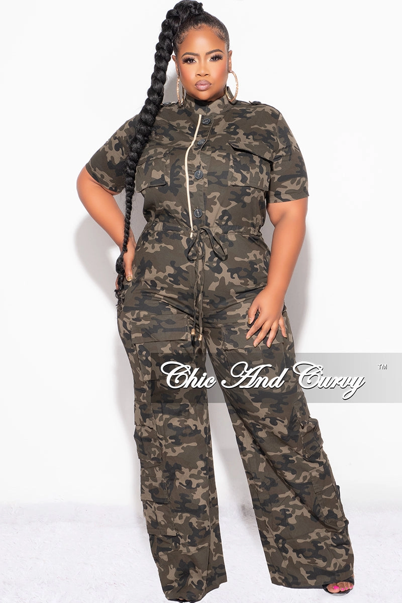 Final Sale Plus Size Button Up Short Sleeve Cargo Jumpsuit in Camouflage Print Indoor Comfort