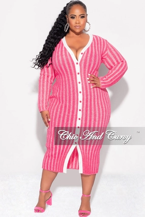 Final Sale Plus Size Collar Button Up Midi Dress in Pink Non Clip Modern Cut