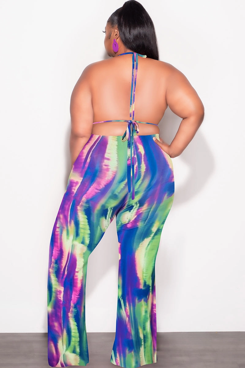 Sport Performance Casual Office *Final Sale Plus Size  3pc Poolside Playsuit (Top, High Waist Bottoms & Pants) Set in Neon Watercolors