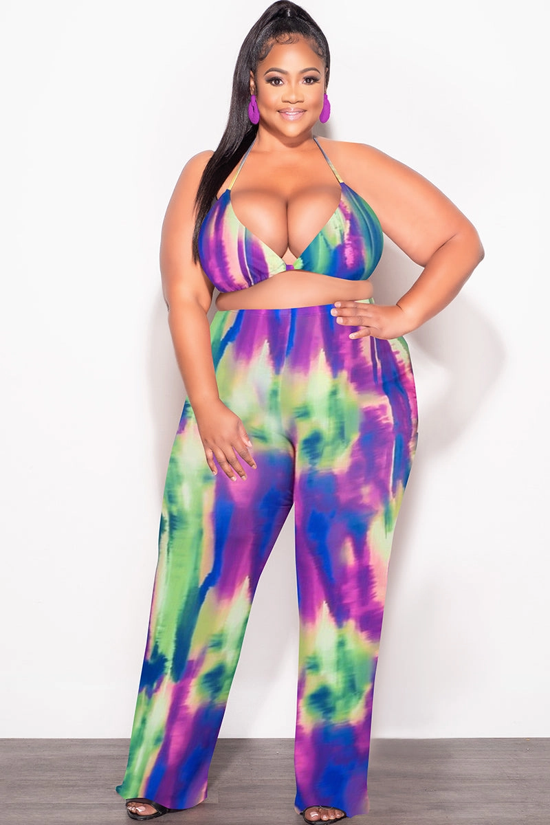 *Final Sale Plus Size  3pc Poolside Playsuit (Top, High Waist Bottoms & Pants) Set in Neon Watercolors Core Essential