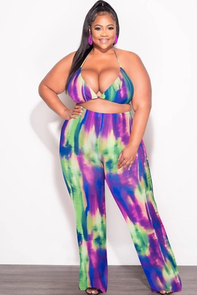 Relaxed fit wear HiddenDrawcord *Final Sale Plus Size  3pc Poolside Playsuit (Top, High Waist Bottoms & Pants) Set in Neon Watercolors