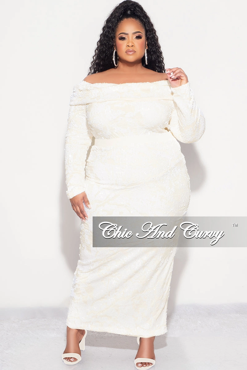 Final Sale Plus Velvet 2pc Off the Shoulder Sequin BodySuit and Skirt Set in Ivory Quick Fit Design