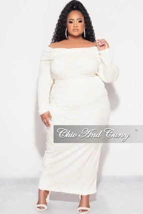 Final Sale Plus Velvet 2pc Off the Shoulder Sequin BodySuit and Skirt Set in Ivory Quick Fit Design