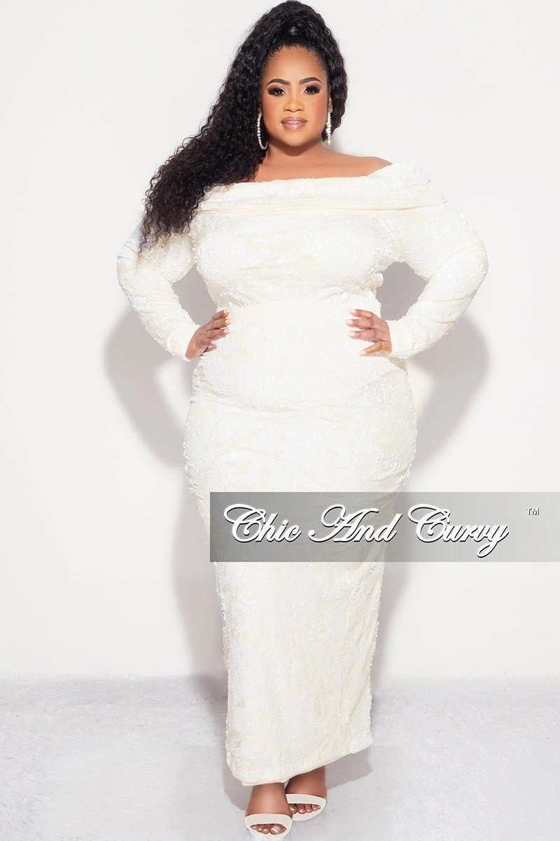 Anti Chafe Lining Final Sale Plus Velvet 2pc Off the Shoulder Sequin BodySuit and Skirt Set in Ivory