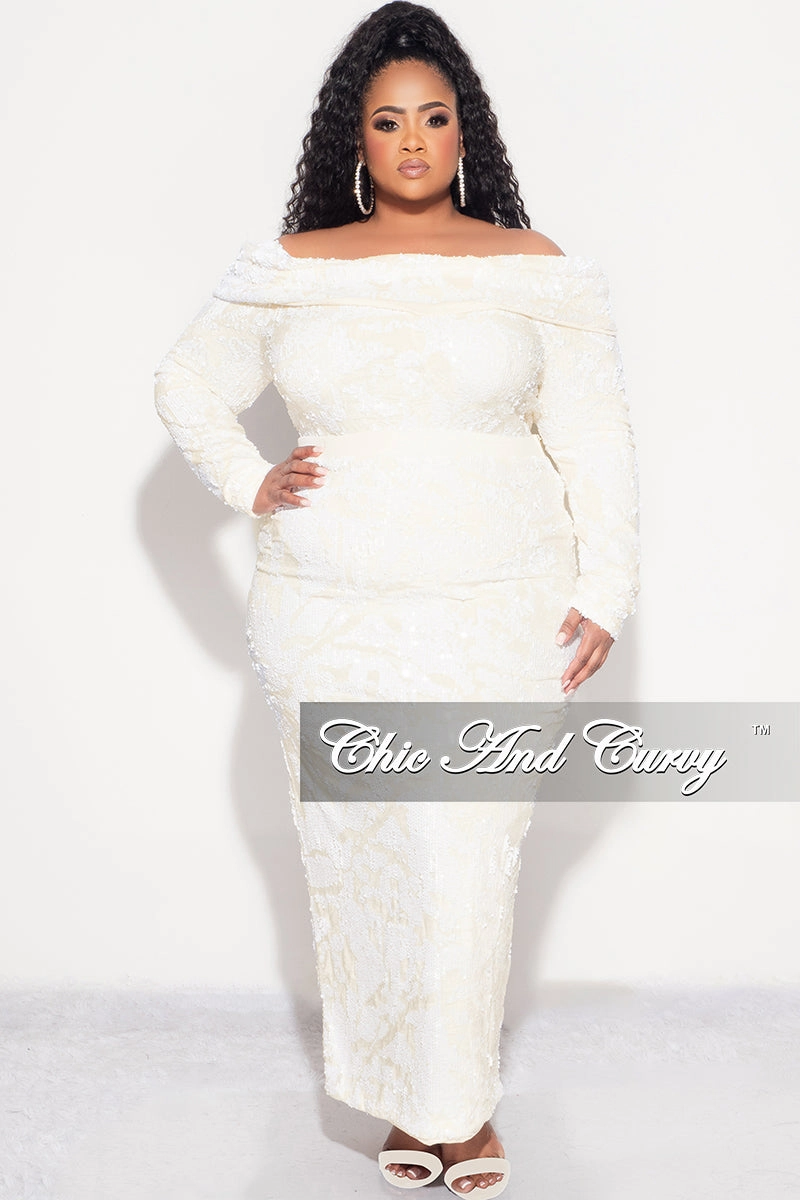 Flat Seams Final Sale Plus Velvet 2pc Off the Shoulder Sequin BodySuit and Skirt Set in Ivory