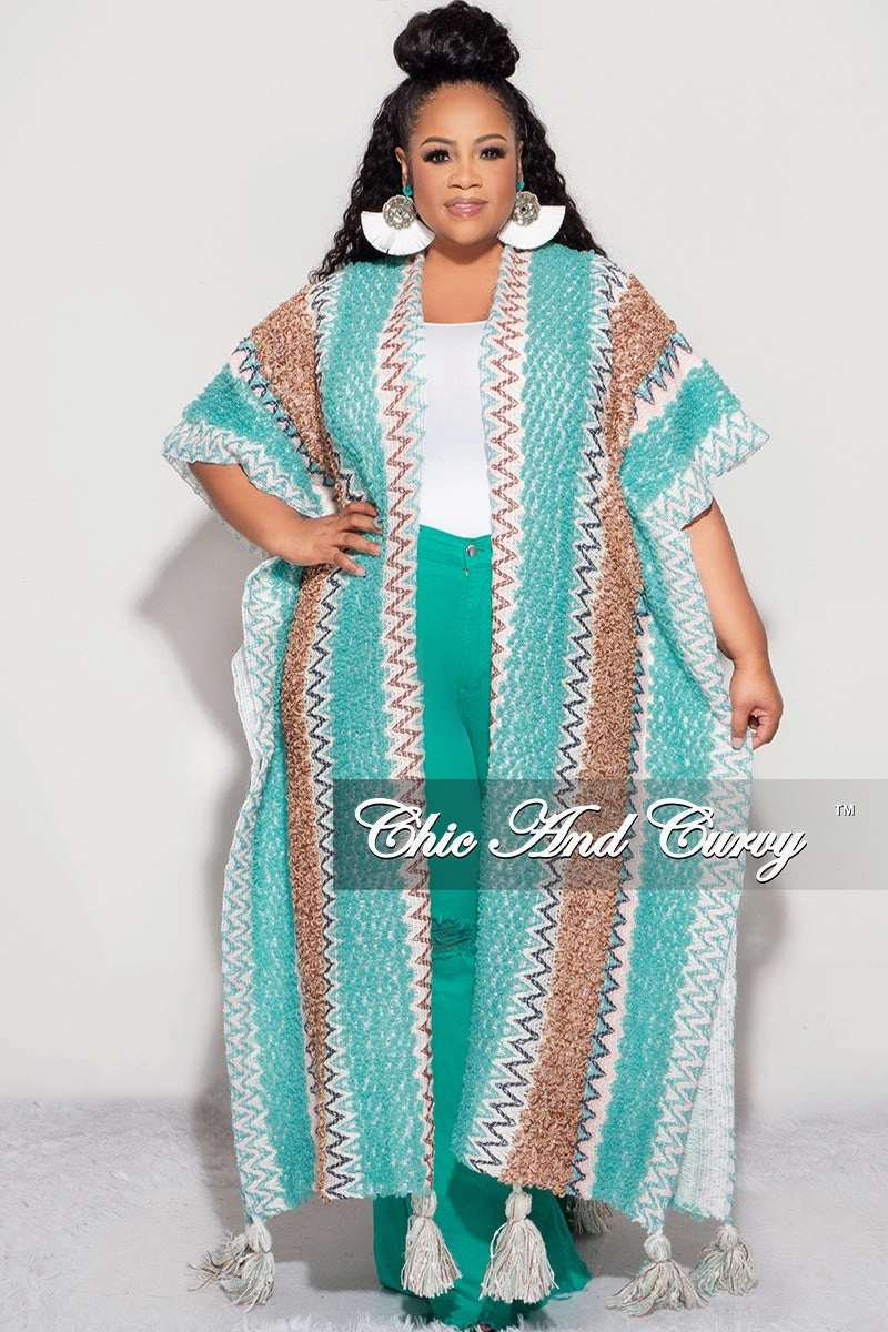 Comfortable Movement Final Sale Plus Size Knitted Cardigan with Bottom Tassels in Teal and Brown