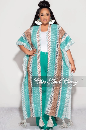 Comfortable Movement Final Sale Plus Size Knitted Cardigan with Bottom Tassels in Teal and Brown
