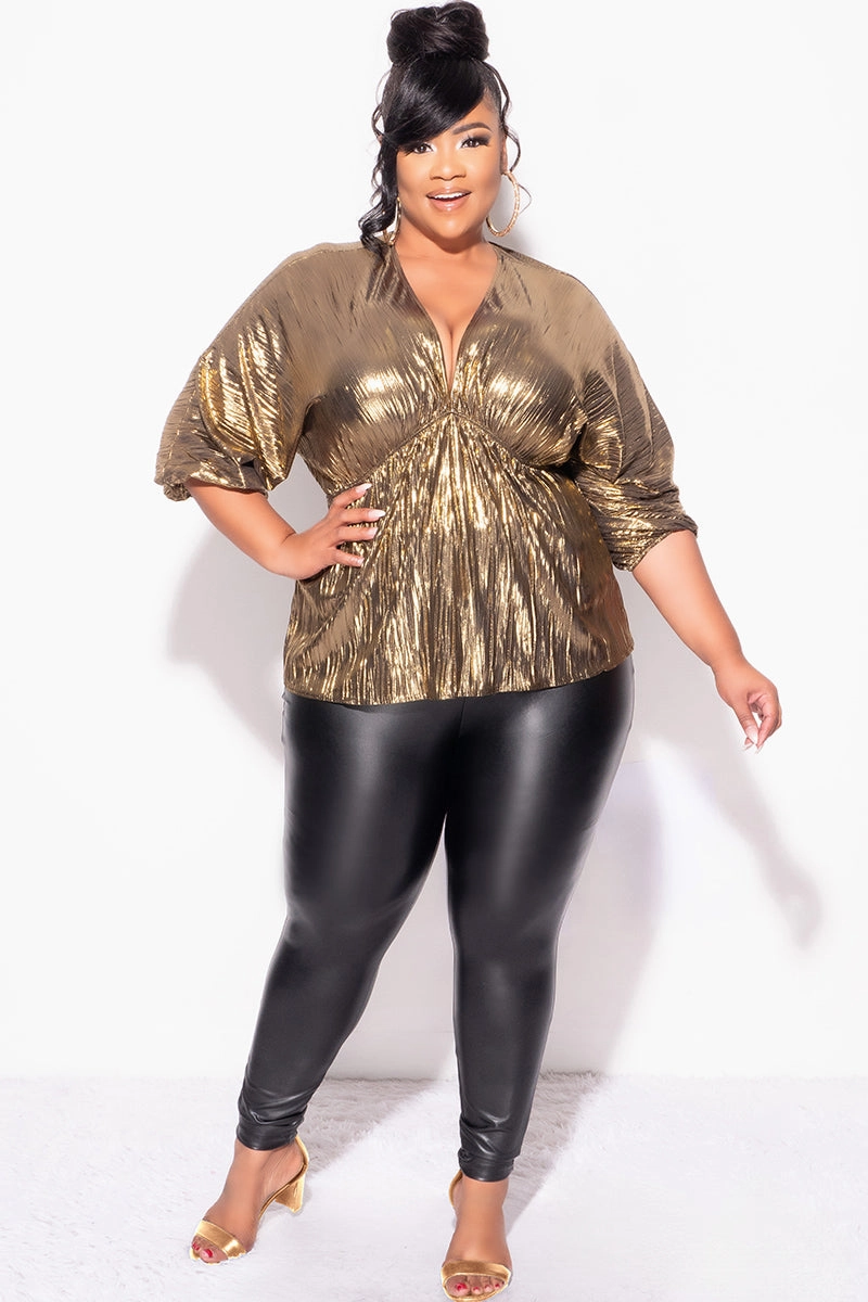 WaterRepellent Coating Final Sale Plus Size Pleated Peplum Top in Metallic Gold