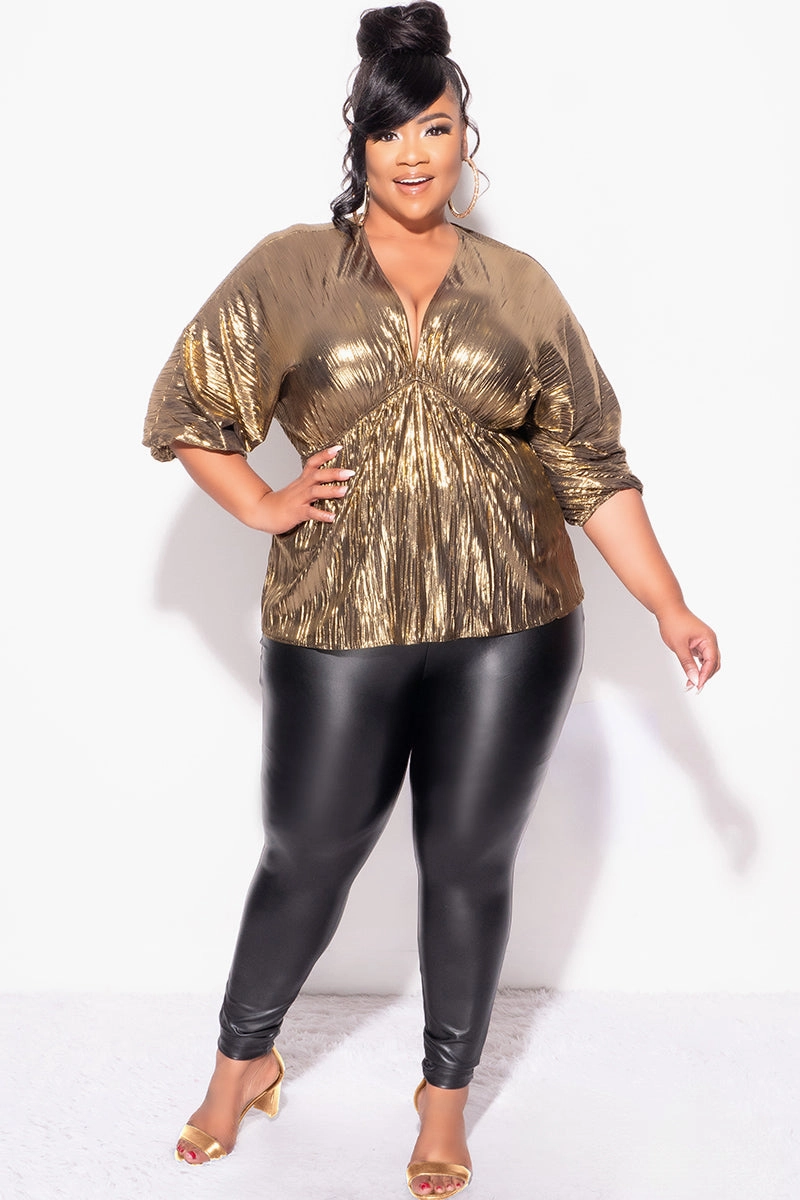 SoftLining Chic Tee Final Sale Plus Size Pleated Peplum Top in Metallic Gold