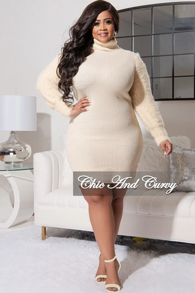 No Ride Up Design Flattering Cut Final Sale Plus Size Turtle Neck Sweater Dress with Faux Fur Sleeves in Ivory