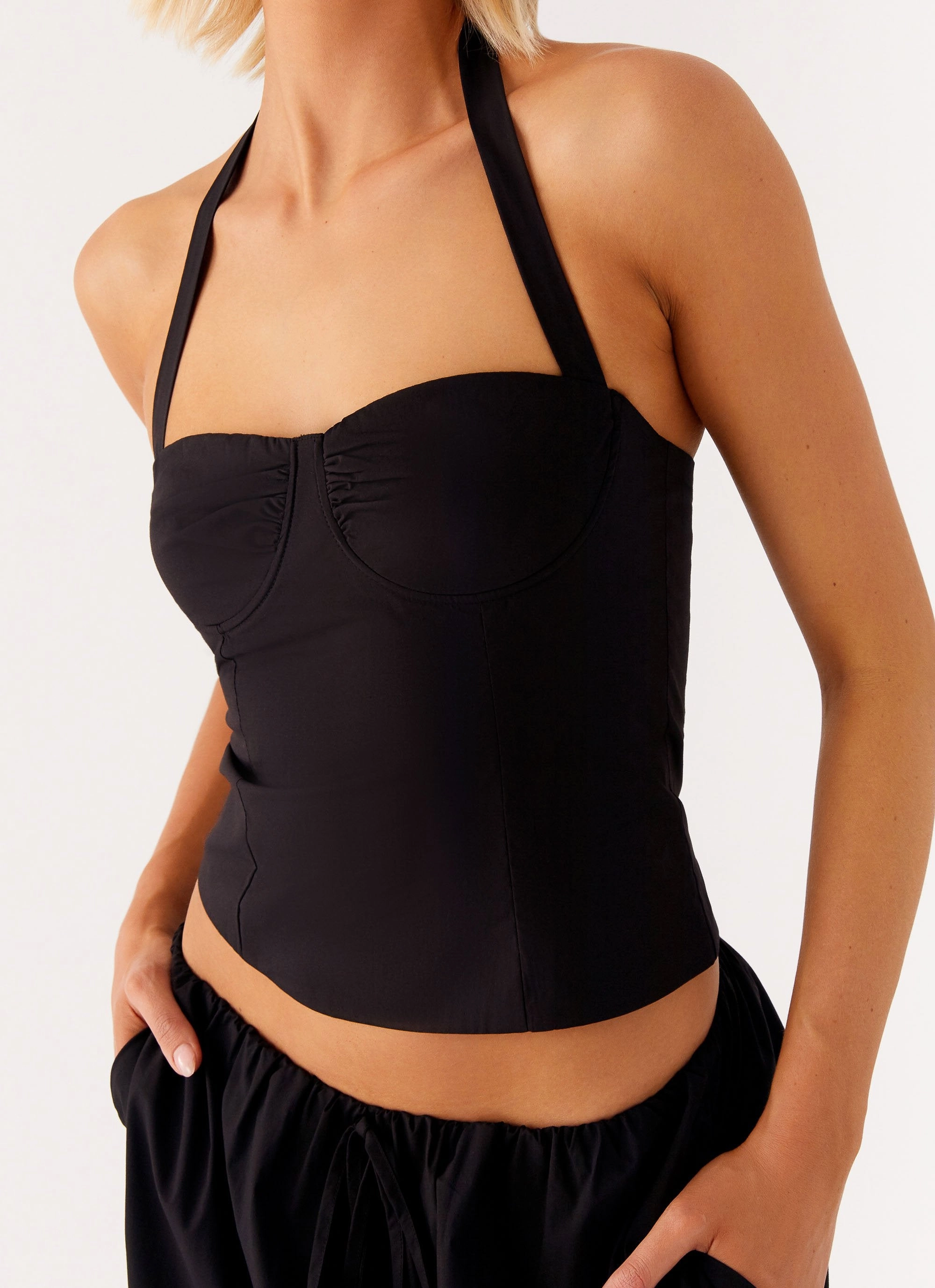 NaturalFiberBlend Contrast Stitch Accent Cheryl Bustier Halter Top - Black