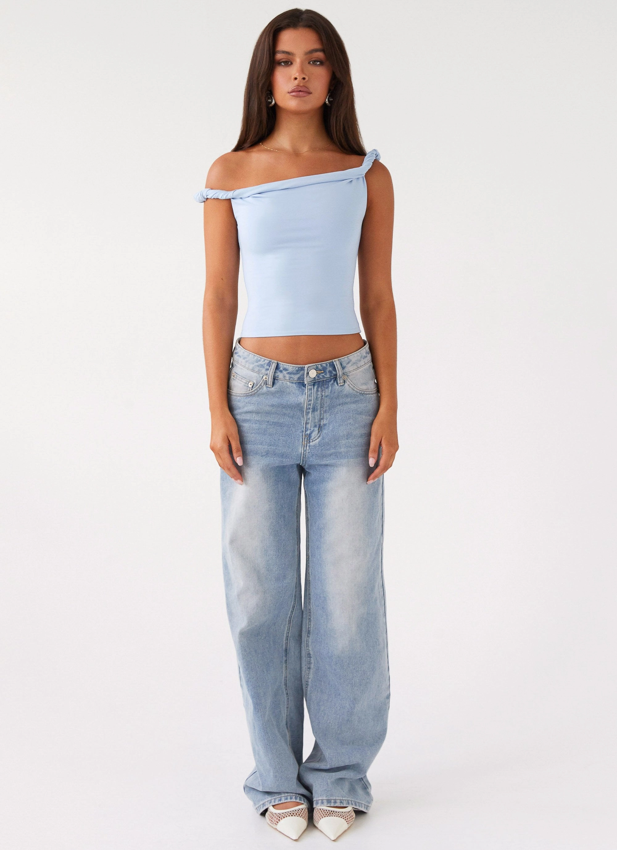 Solace Soul Twist Shoulder Top - Baby Blue WeightedHem Built In Odor Control