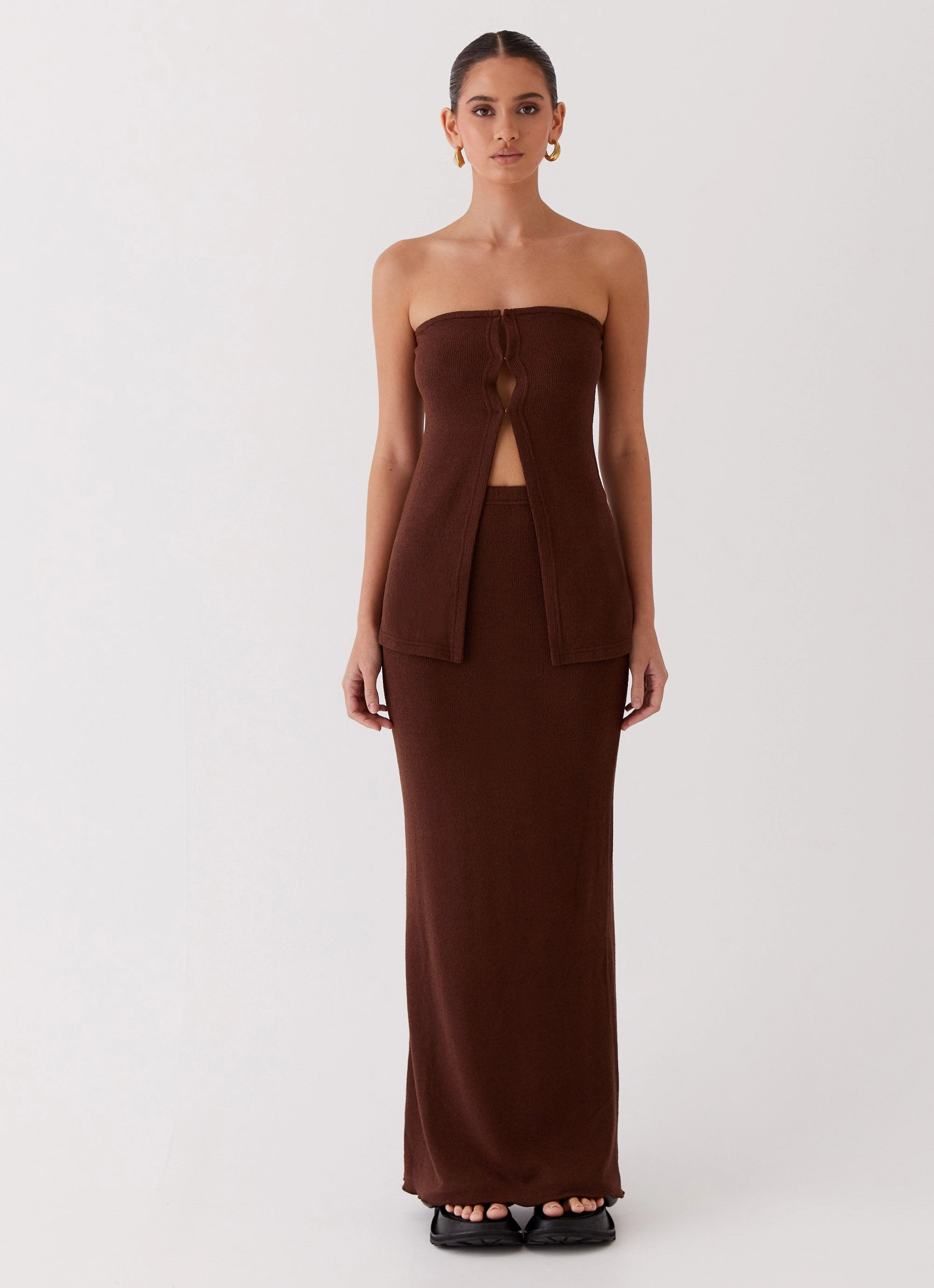 Delicate Lady Knit Maxi Skirt - Chocolate ReinforcedBeltLoops Stretchable
