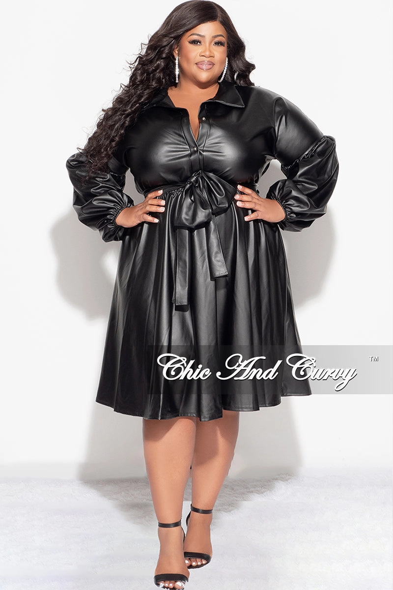 Final Sale Plus Size Faux Leather Collar Dress with Tie in Black SmoothZipper Breathable mesh