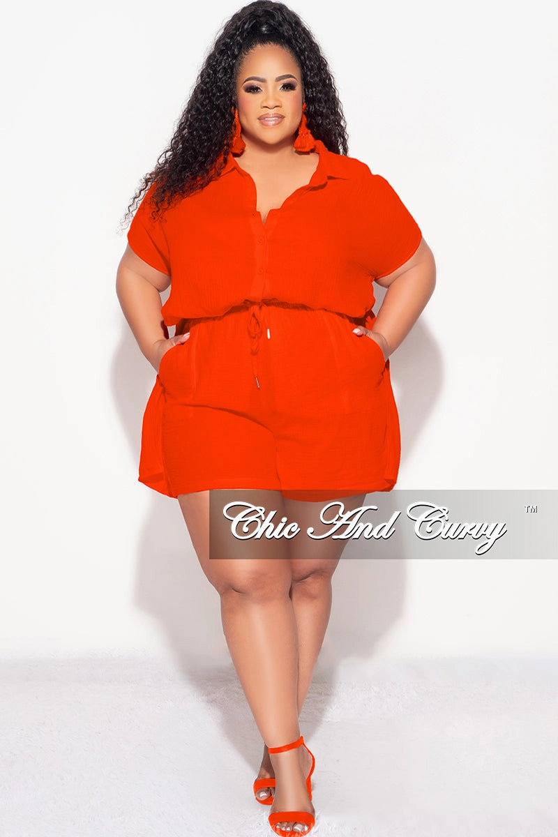 Layer-Friendly Final Sale Plus Size 2pc Collar Button Up Crepe Linen Top Tie And Short Set In Orange