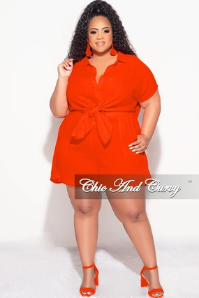 Performance Design Final Sale Plus Size 2pc Collar Button Up Crepe Linen Top Tie And Short Set In Orange