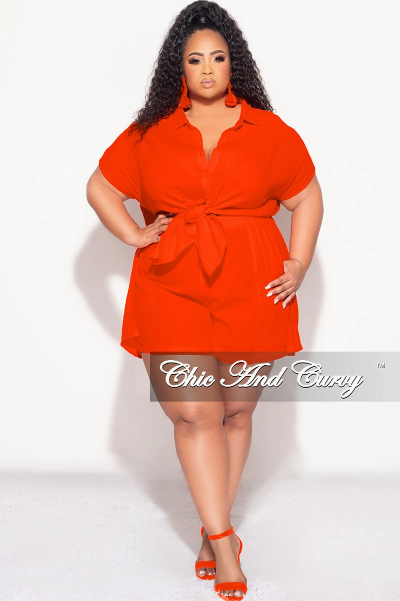Final Sale Plus Size 2pc Collar Button Up Crepe Linen Top Tie And Short Set In Orange Air Flow