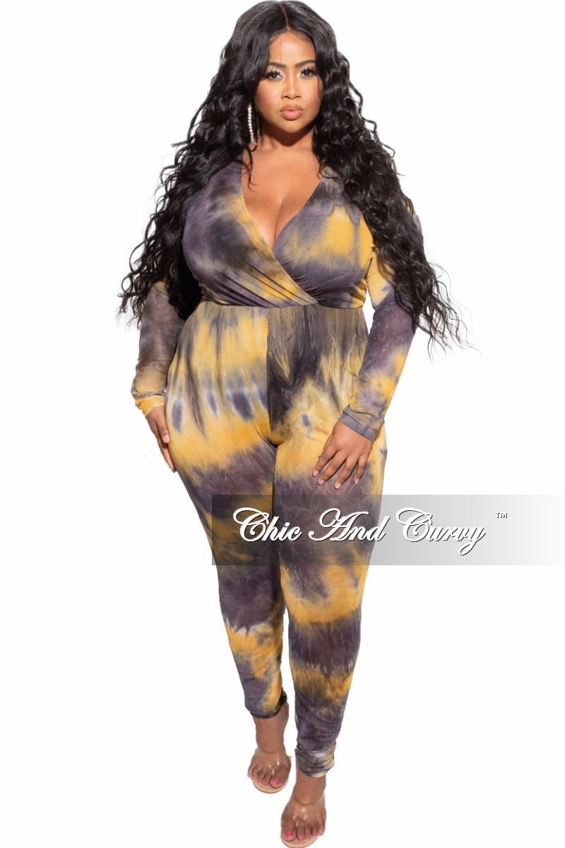 Final Sale Plus Size Faux Wrap Mesh Jumpsuit in Black & Yellow Tie Dye AntiPillingFabric