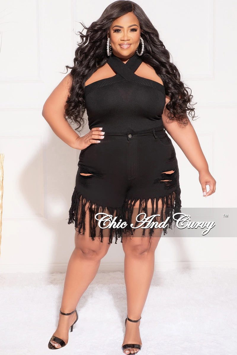 Final Sale Plus Size Criss-Cross Halter Bodysuit in Black Travel Ready
