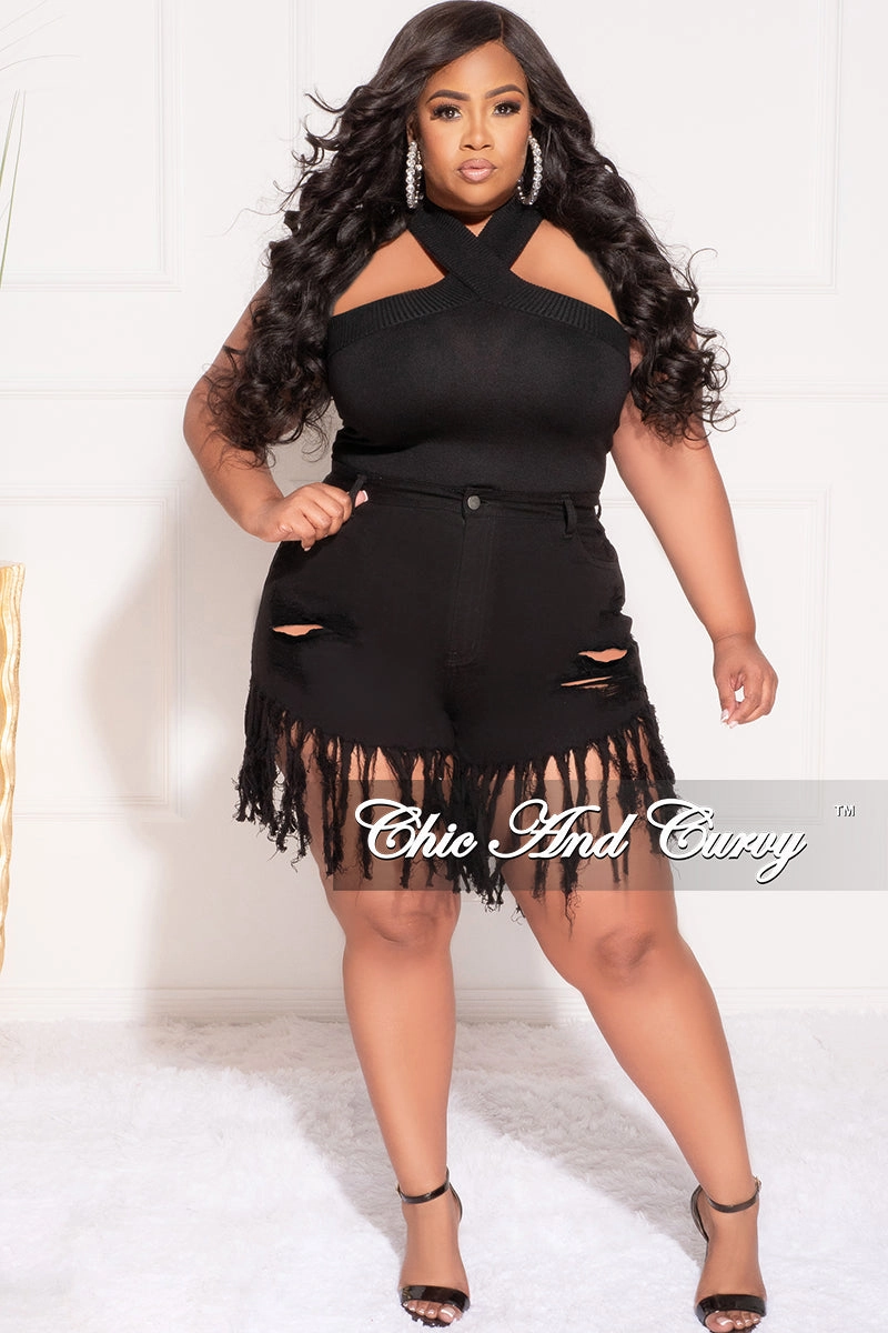 Final Sale Plus Size Criss-Cross Halter Bodysuit in Black Fresh Fit Perfect Length