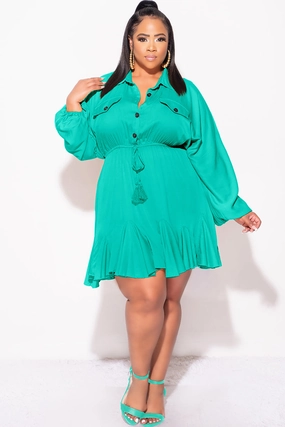 Organic Cotton Blend Utility Fit Final Sale Plus Size Collar Button Up Baby Doll Flare Dress in Jade