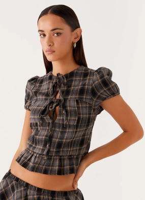 Lucia Puff Sleeve Top - Brown Check Double Layered Hem