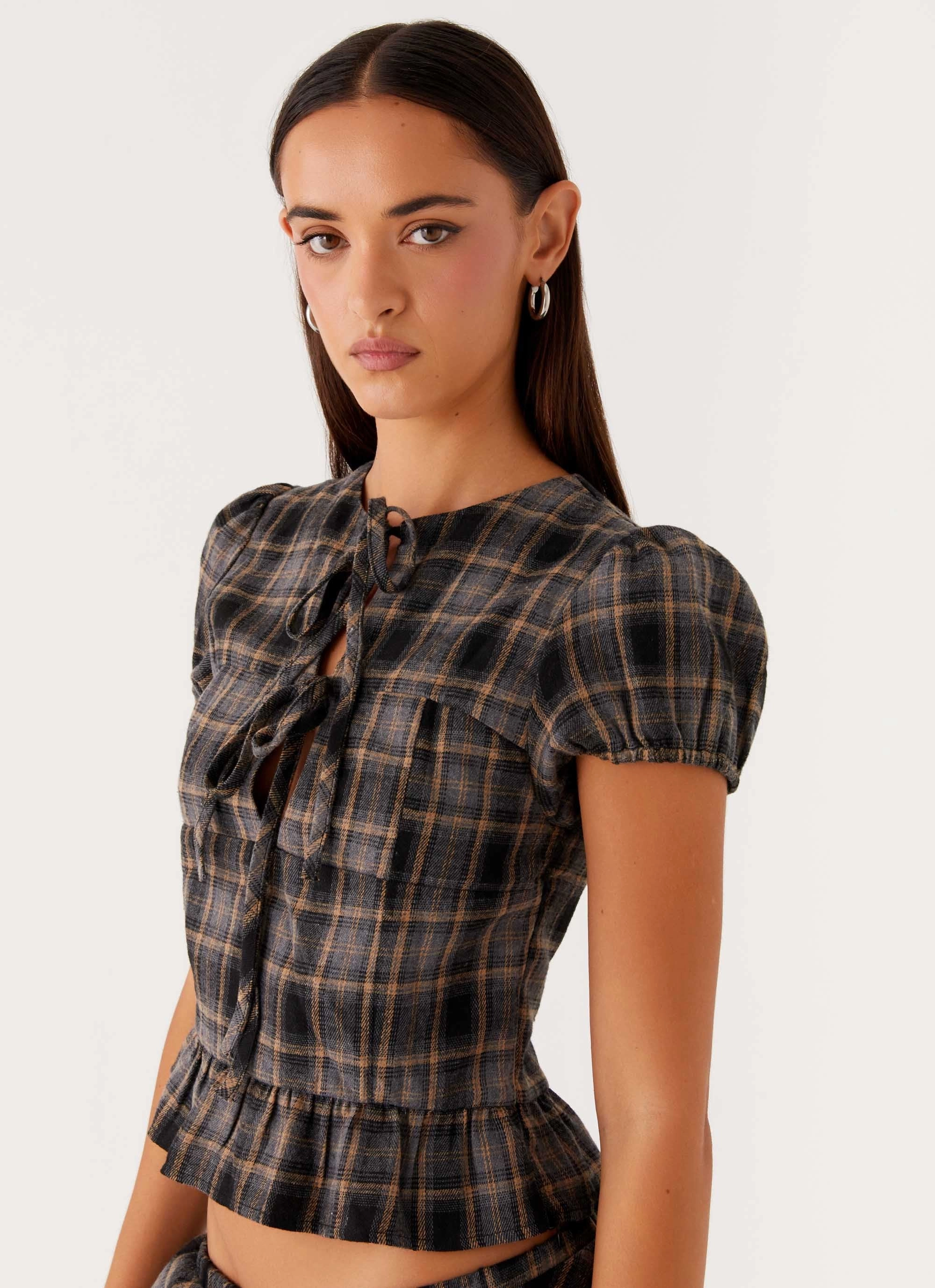 SeamFreeShoulder Lucia Puff Sleeve Top - Brown Check