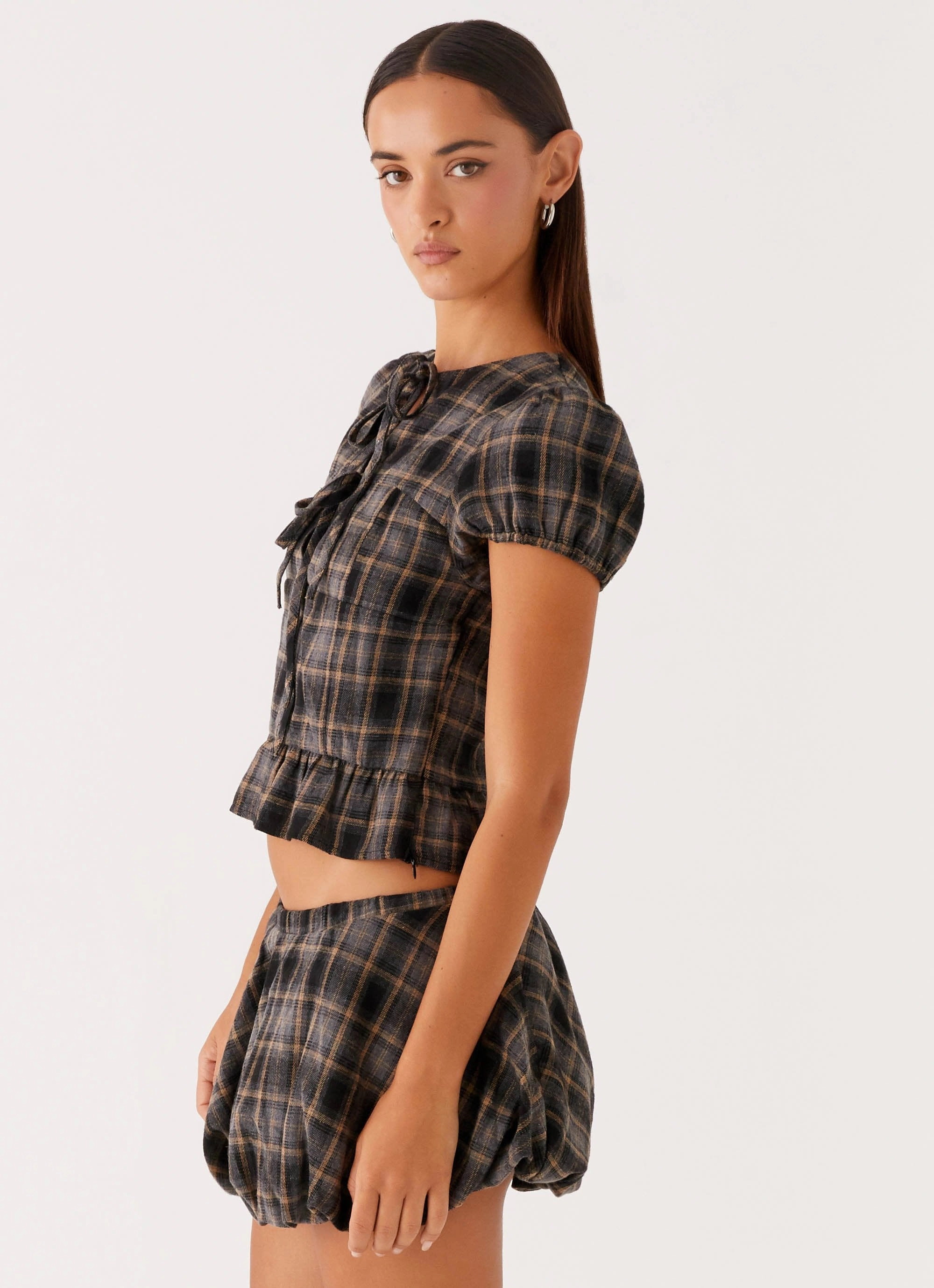 EcoFriendlyBlend Multi Panel Design Lucia Puff Sleeve Top - Brown Check