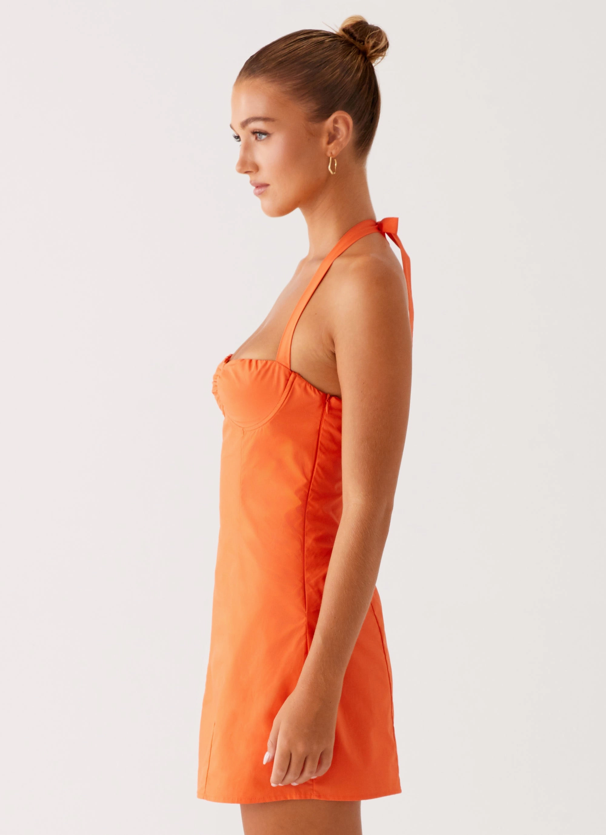 Contessa Halter Mini Dress - Orange Glossy-Finish Smooth Flow