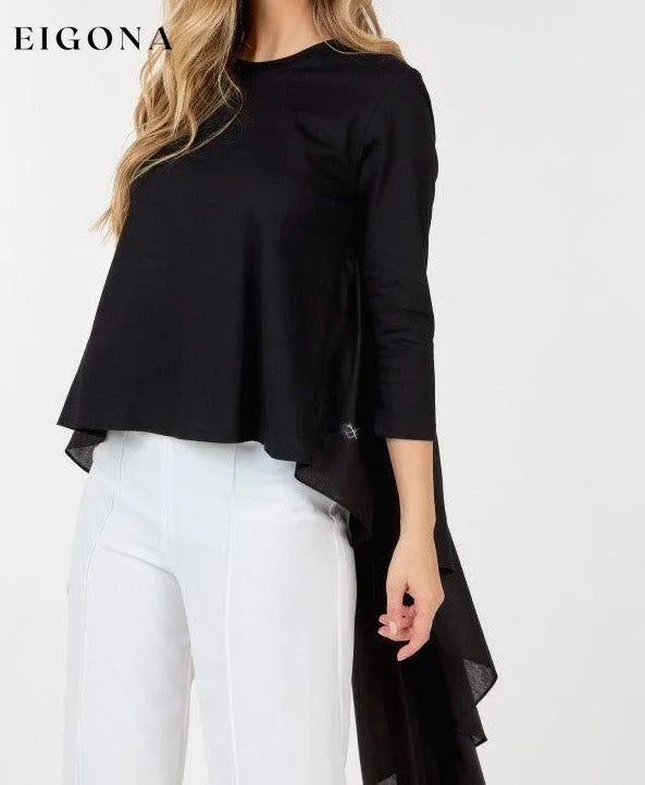 Contrast Ruffle Quarter Sleeve High Low Casual Top