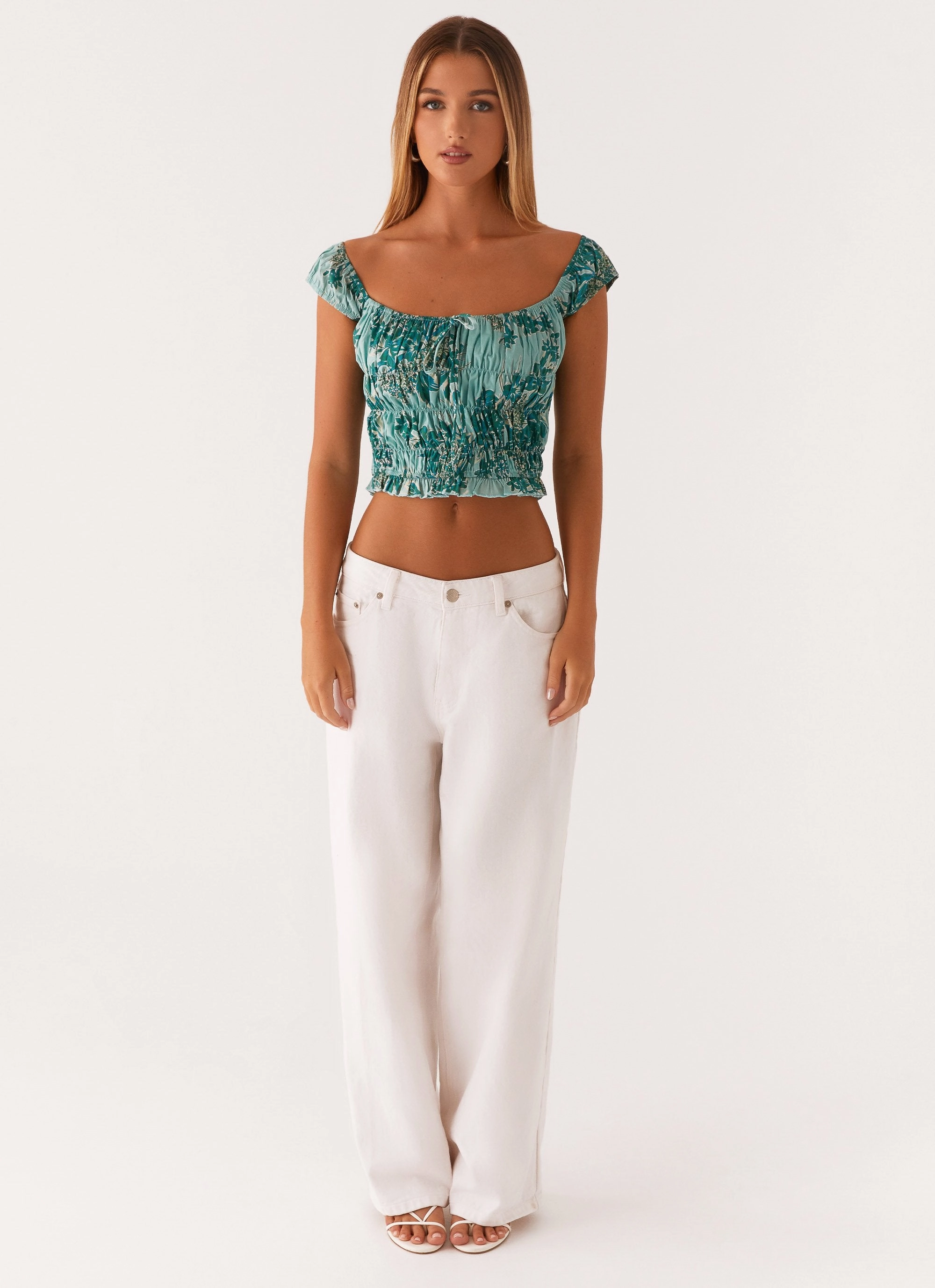 Rumors Off Shoulder Top - Cloud Nine Floral Neutral Tone Stitching Circular Knit