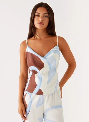 LowProfileZipperSystem Laser Cut Edges Kaia Cowl Neck Top - Bloom Wave Print